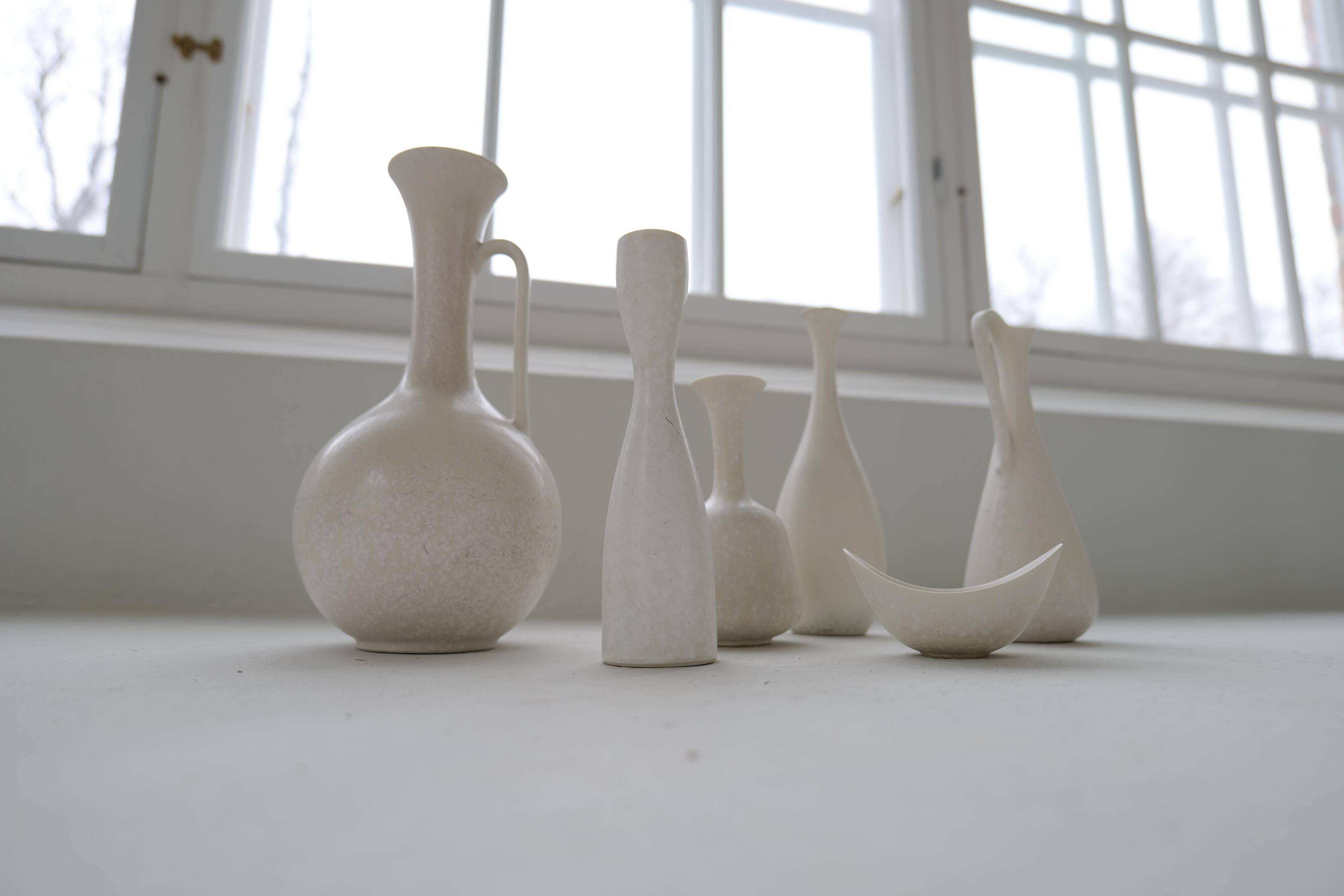 Group of 6 white and grey Midcentury Modern vessels Rörstrand Sweden 1950
