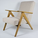 Fauteuil vernis original, années 1960, restauré, modèle B310, tissu beige, vernis en teck