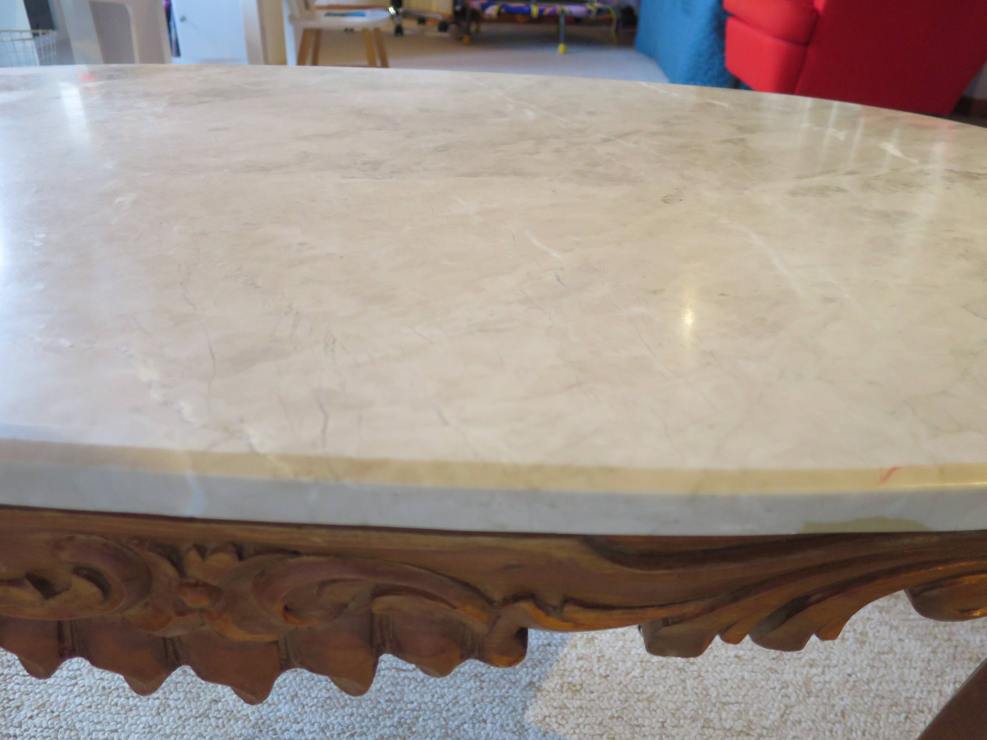 Oval coffee table - carved wood - white veined marble - Regency / Louis XV style