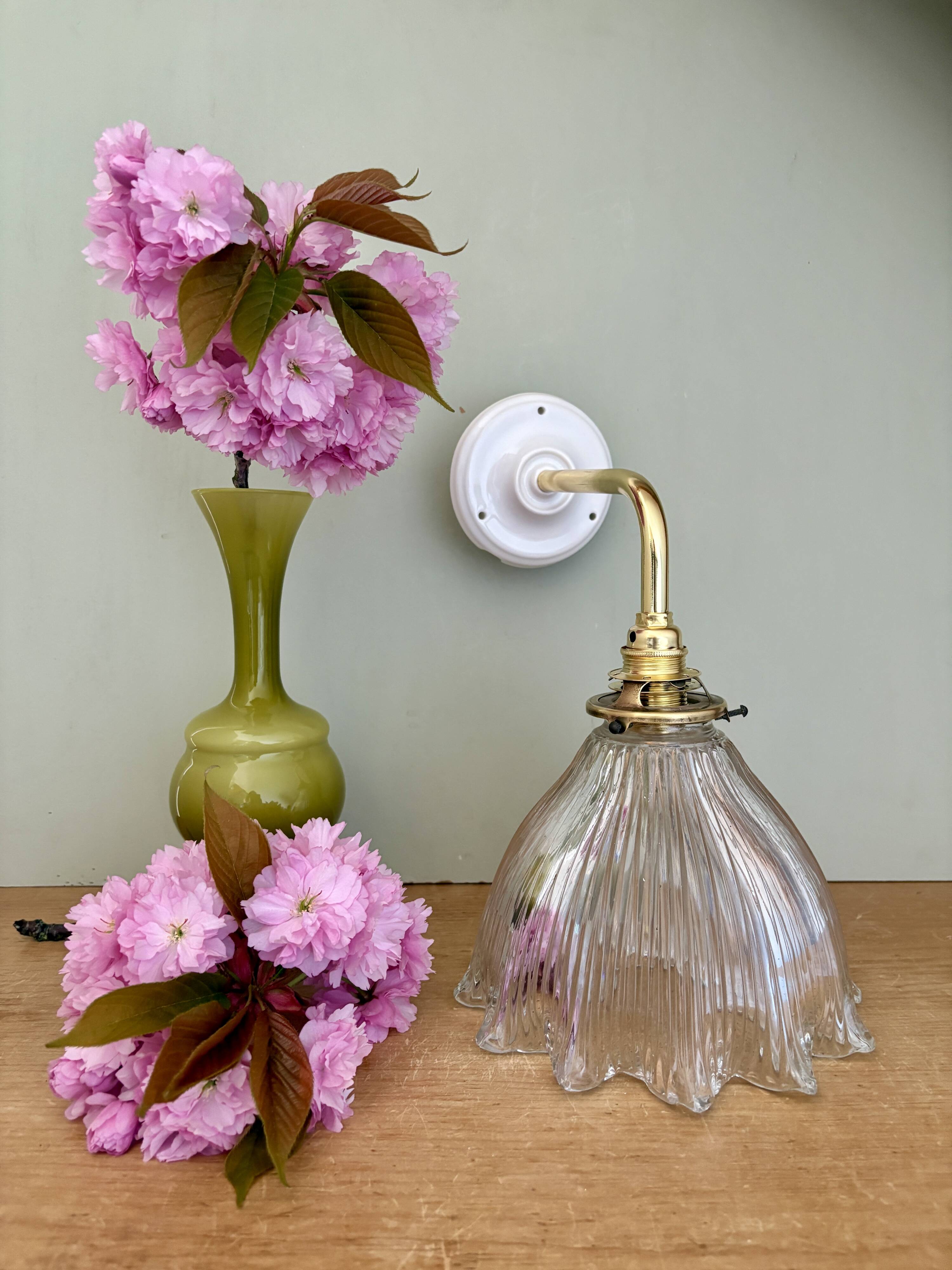 Elbow wall lamp with vintage holophane glass shade