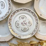 8 petites assiettes vintage dépareillées en porcelaine française Limoges, Orchies - motifs fleurs dorées et oiseau