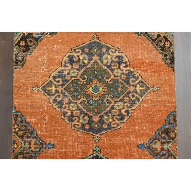 1970s Vintage Turkish Hand-Knotted Wool Cotton Orange Runner Rug 88x337