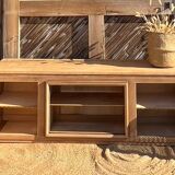 Meuble télé tv ancien en bois brut et cannage