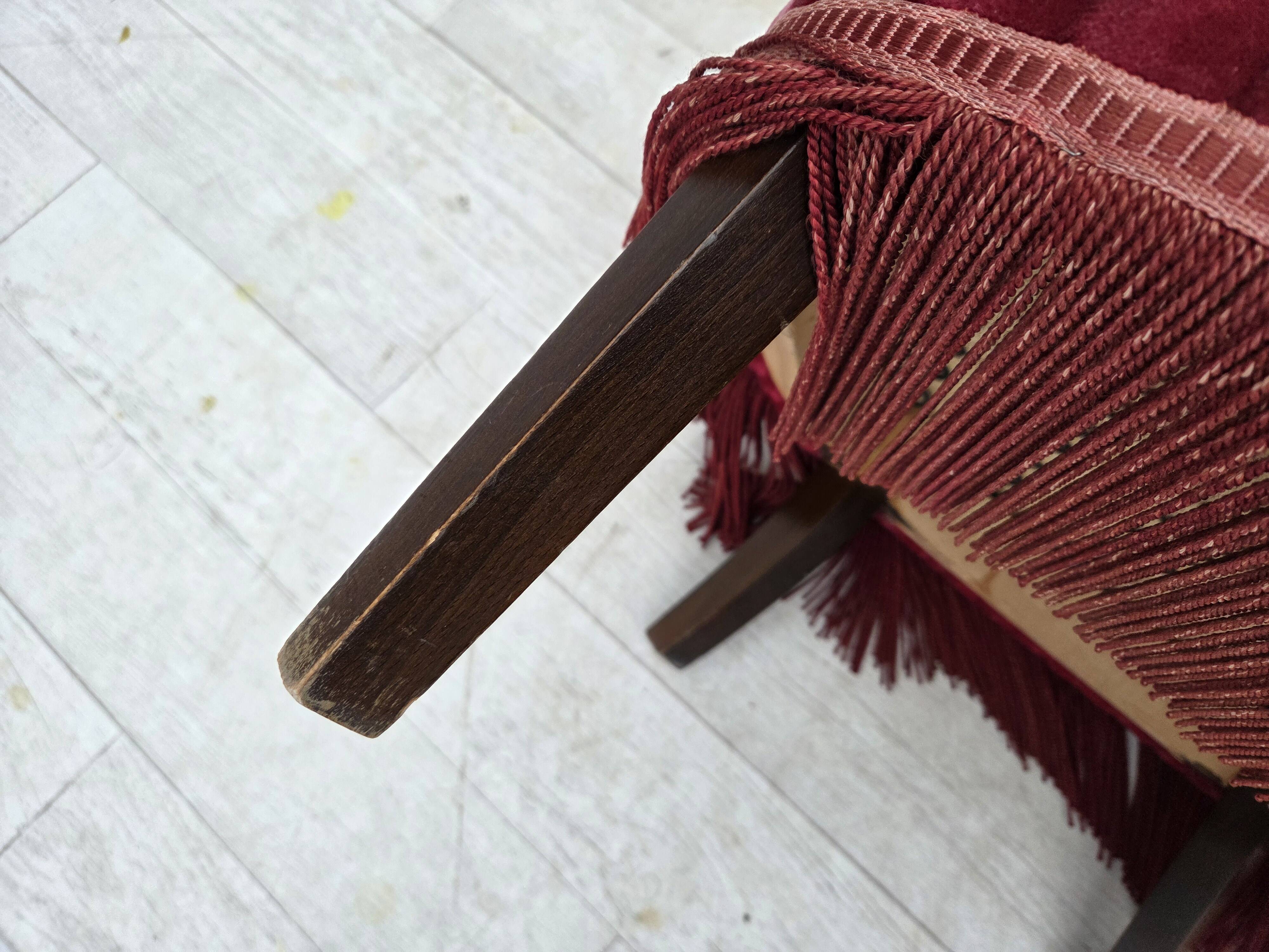 1960s, Danish armchair, original striped red furniture velour.