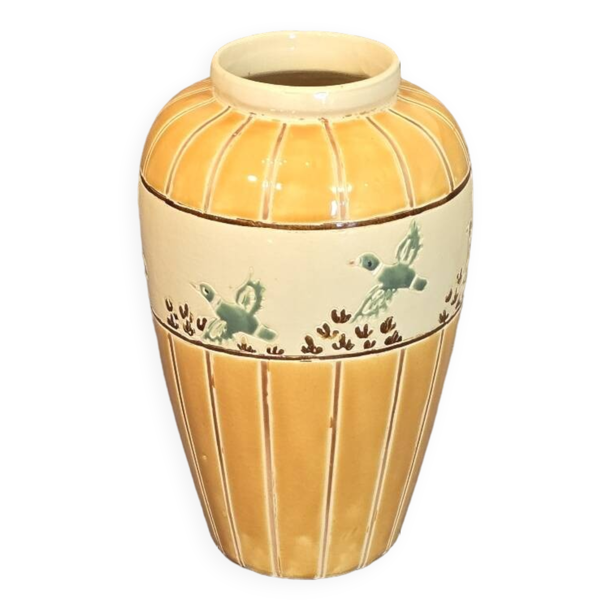 Orange and green ceramic vase with duck motif