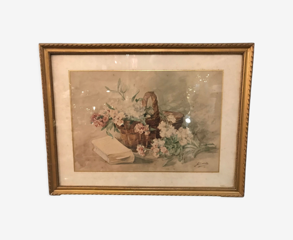 Panier de fleurs peinture aquarelle - nature morte signée jeanne fabre cottave debut xxeme