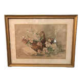 Basket of flowers watercolor painting - still life signed jeanne fabre cottave early twentieth