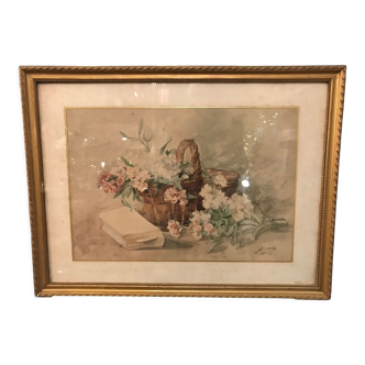 Panier de fleurs peinture aquarelle - nature morte signée jeanne fabre cottave debut xxeme