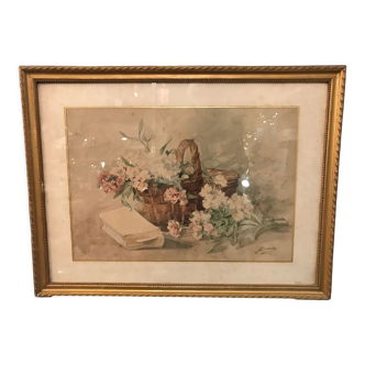 Basket of flowers watercolor painting - still life signed jeanne fabre cottave early twentieth