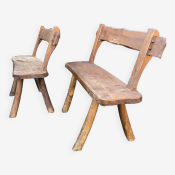 Duo of brutalist Folk Art benches with pegged backs with 4 legs in solid elm.