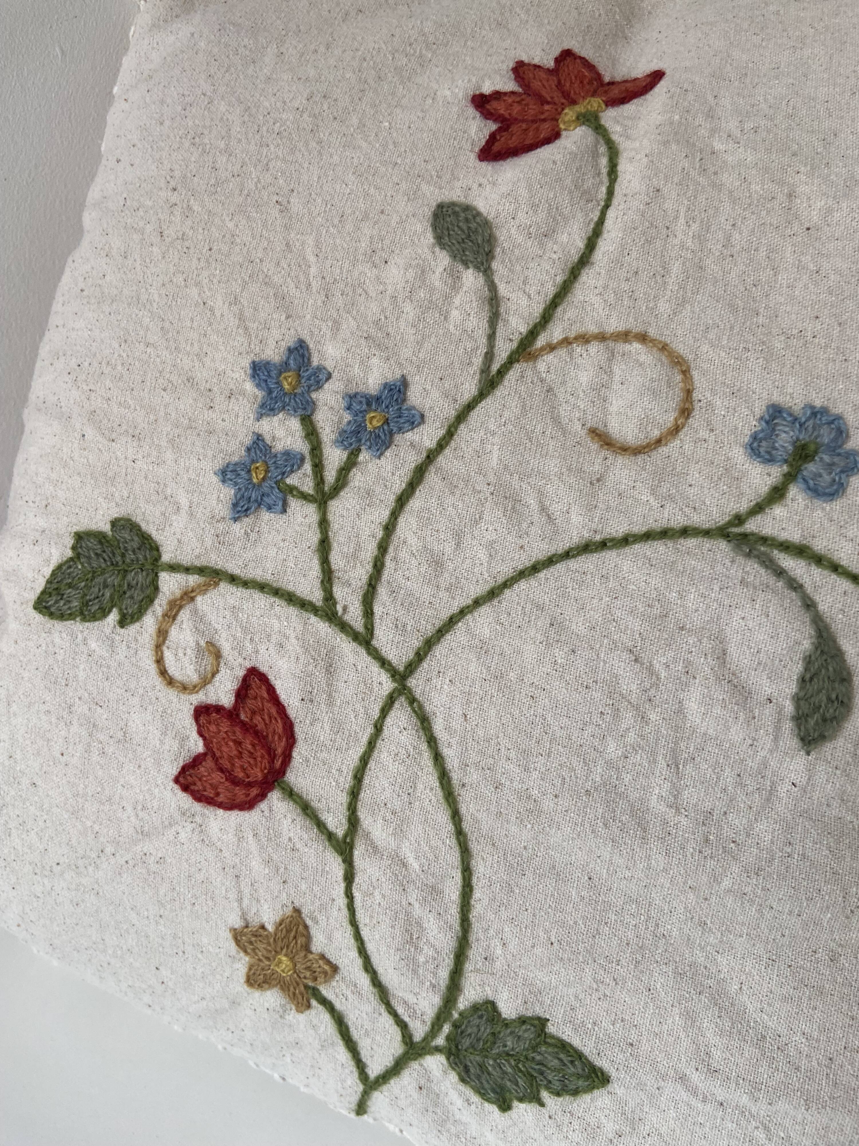 Linen Cushion Cover Embroidered with Flowers