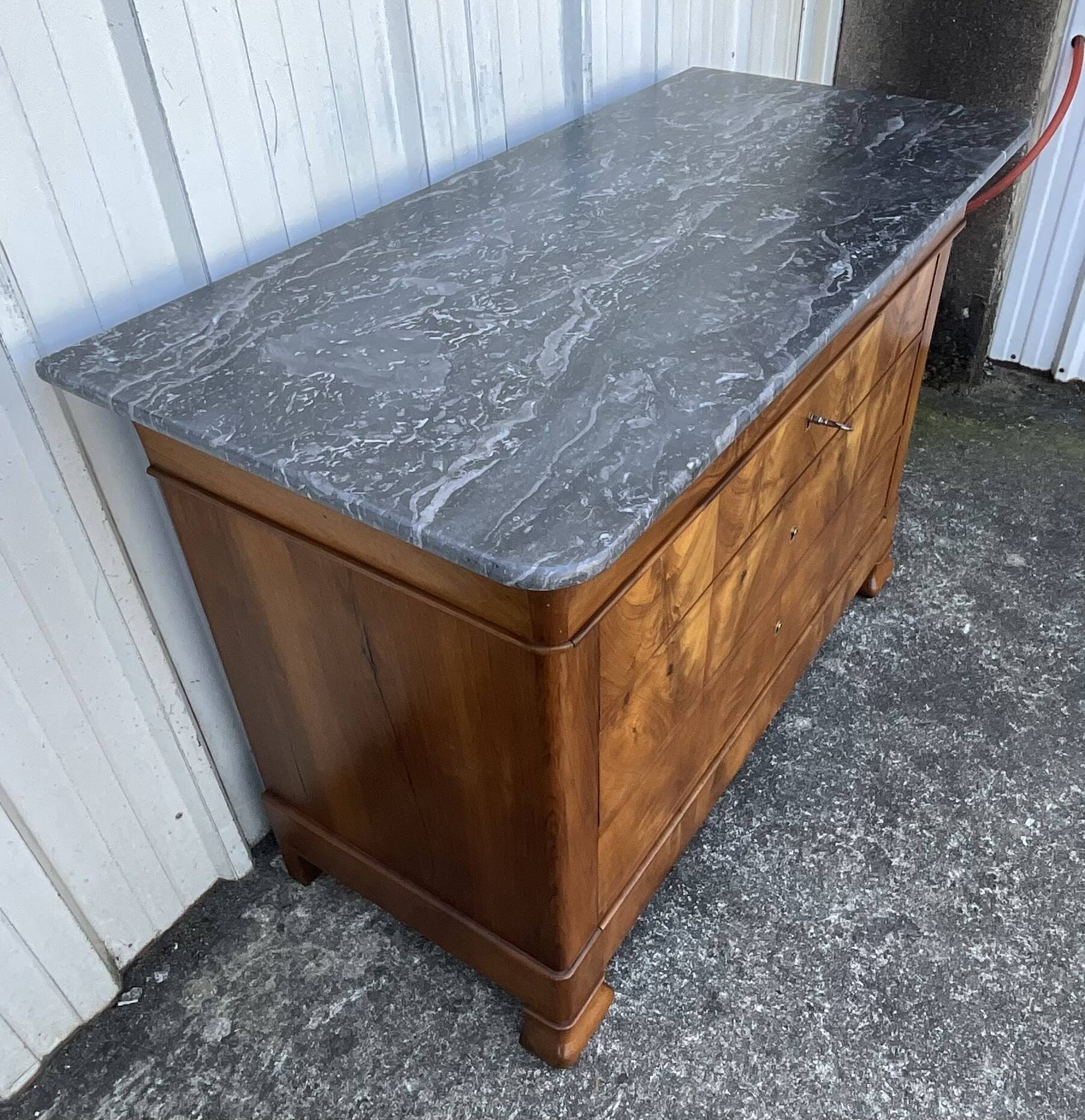 Louis-Philippe commode in burr walnut, Saint-Anne grey marble, mid-century