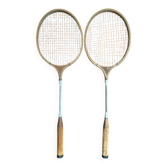 Vintage Tennis Racket Pair Wood + Metal 1950s #D576