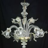 Wonderful large size Venetian chandelier, transparent and gold Murano glass