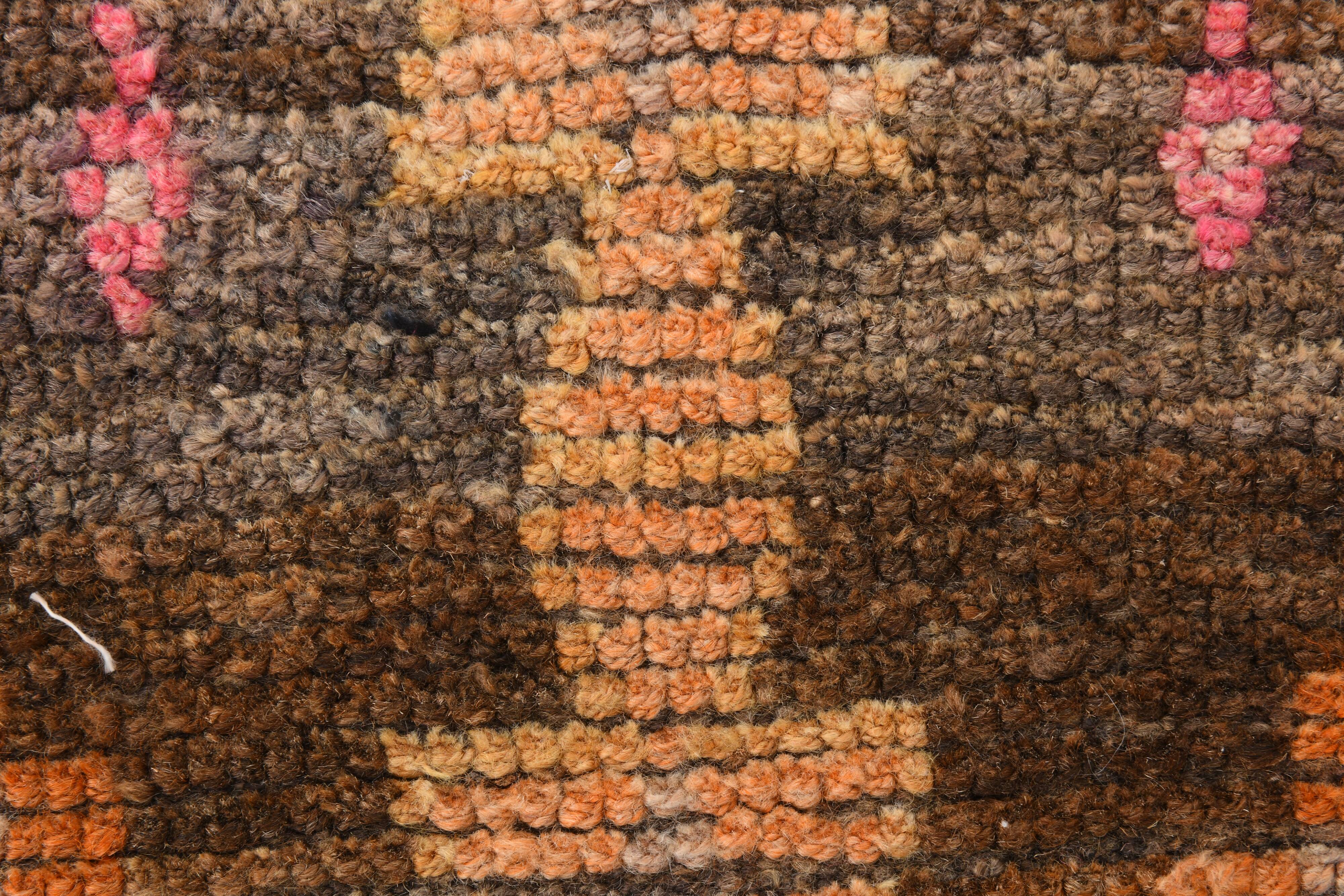 3x7 Brown Hot Pink Turkish Vintage Runner Rug, 92x227Cm