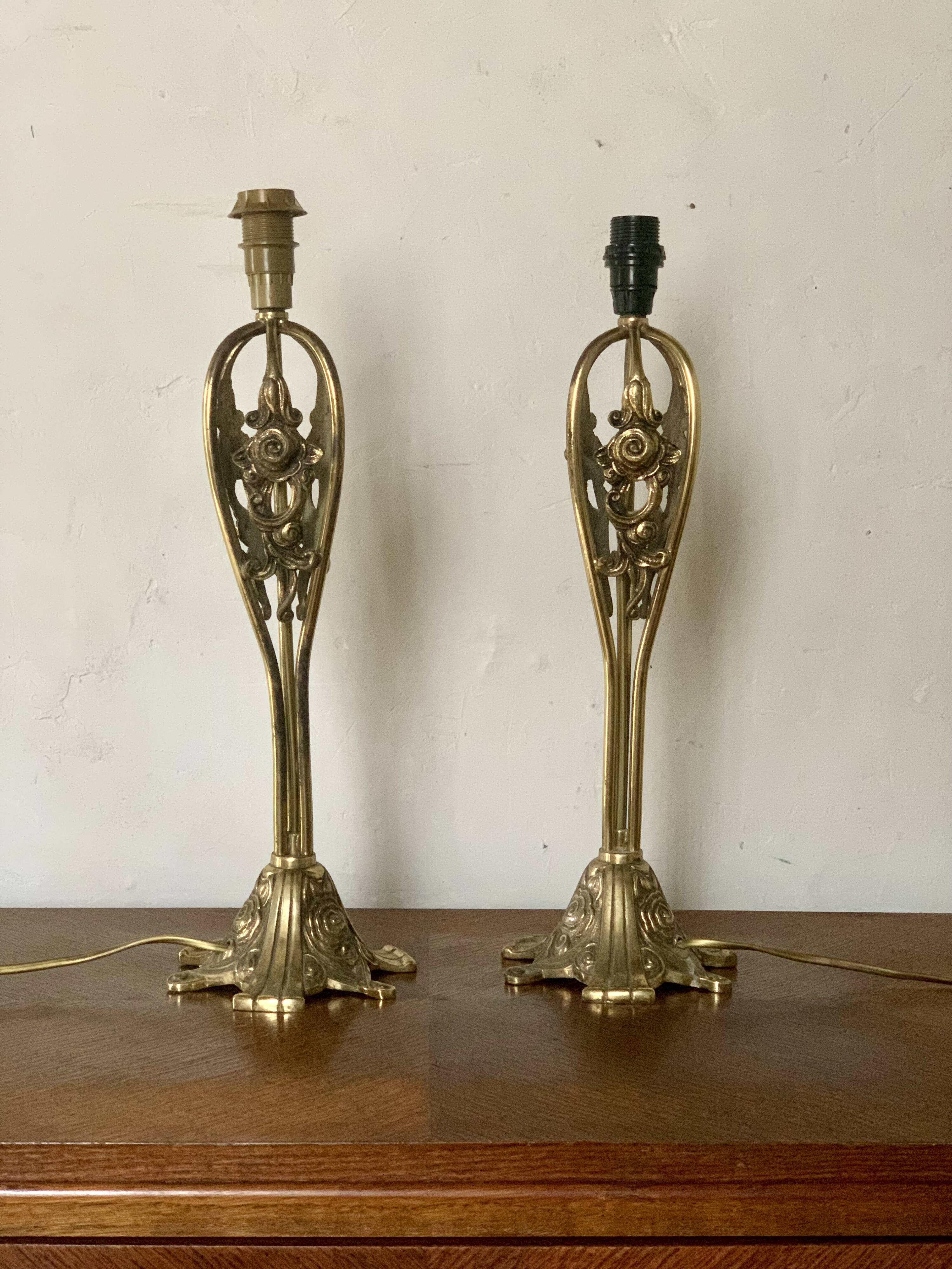 Pair of vintage brass table lamps in art nouveau style
