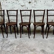 Set of 7 old Baumann bistro chairs in curved wood with round seat