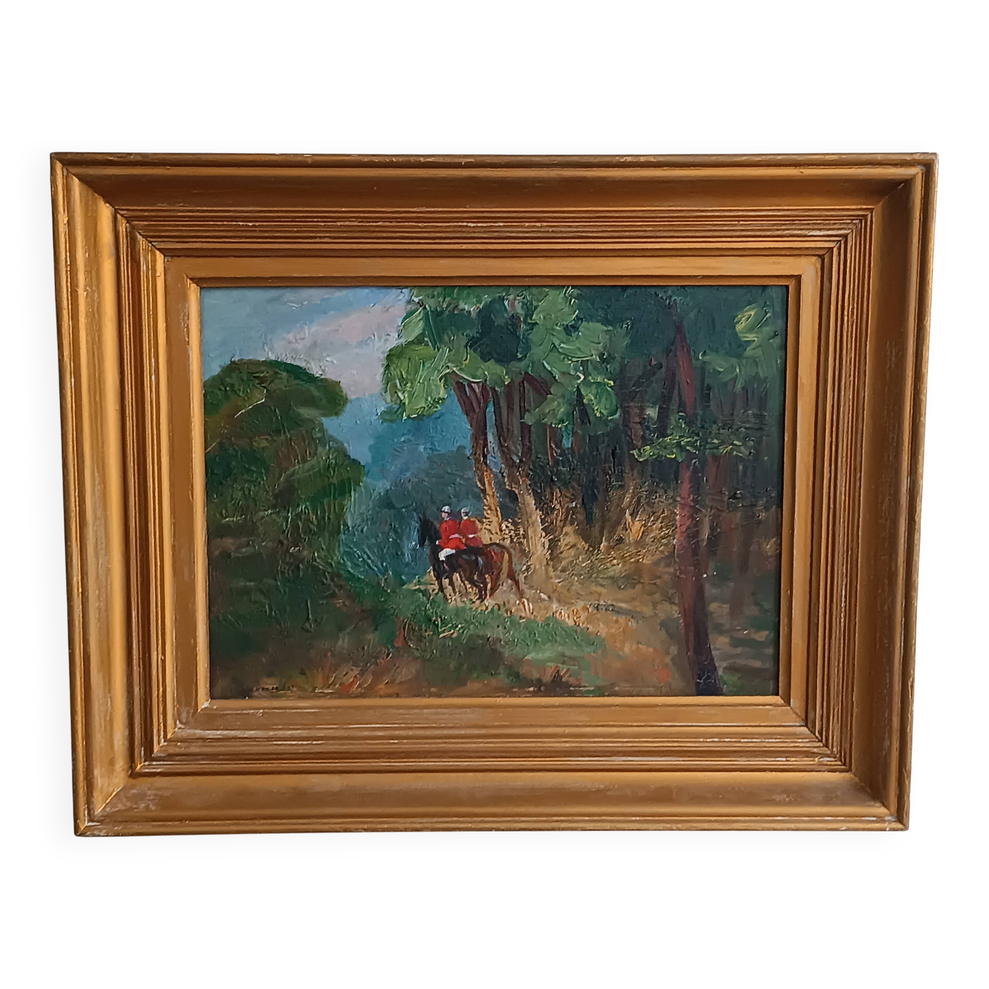 Oil painting, horseback riding in the forest