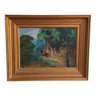 Tableau peinture à l'huile, promenade à cheval en forêt