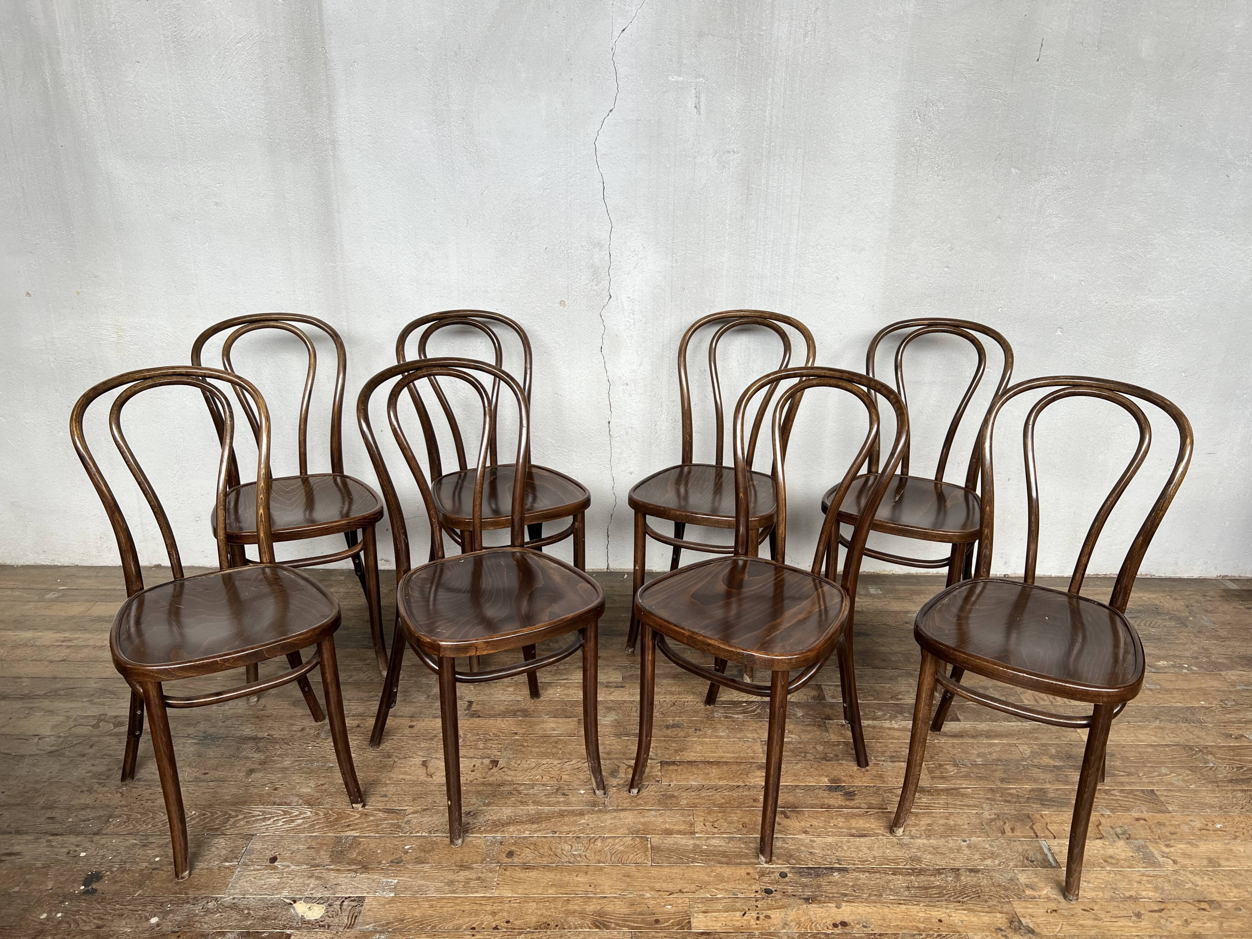 Series of 8 bistro chairs troquet wood curved vintage 1960