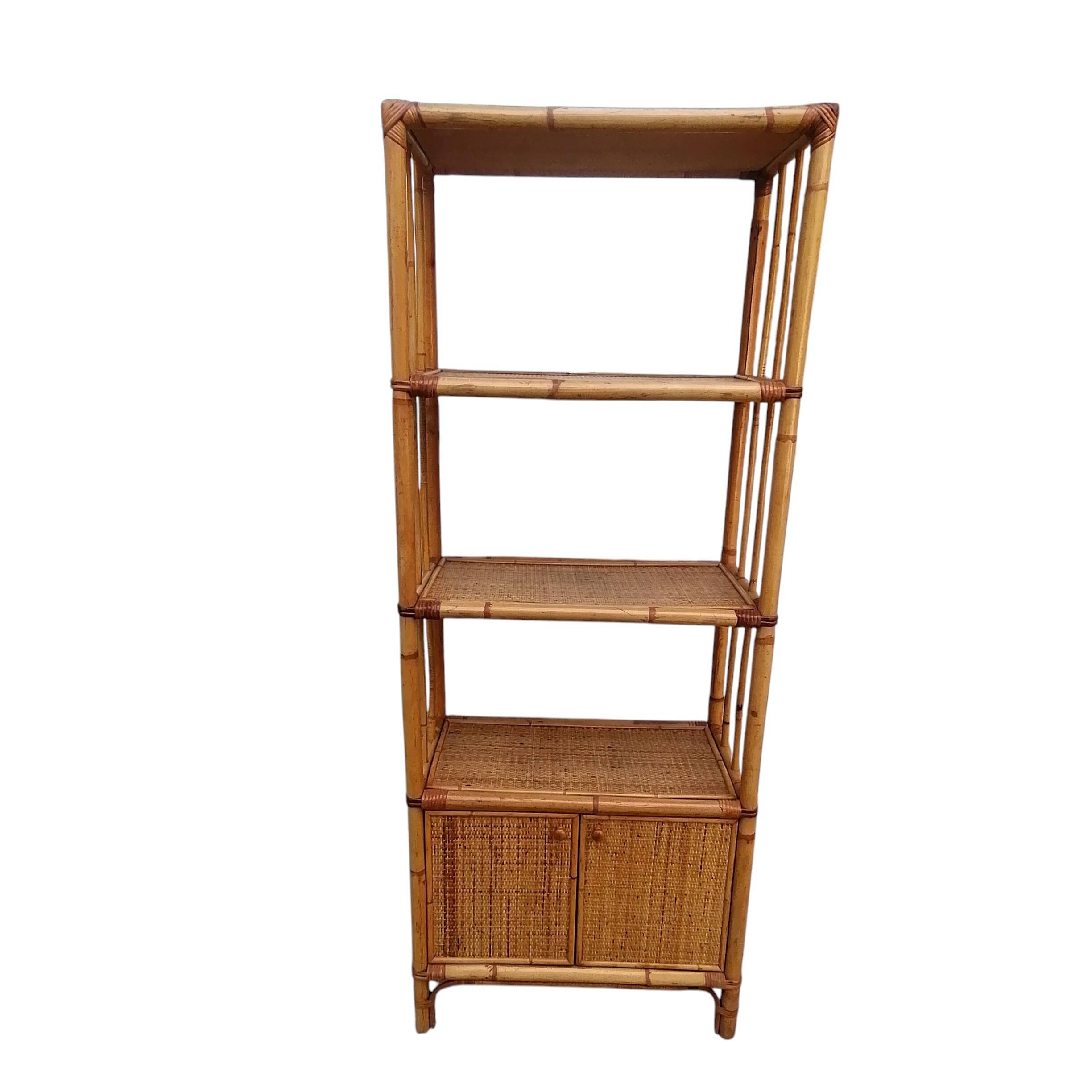 Bamboo and wicker bookshelf, vintage boho-chic from the '70s.
