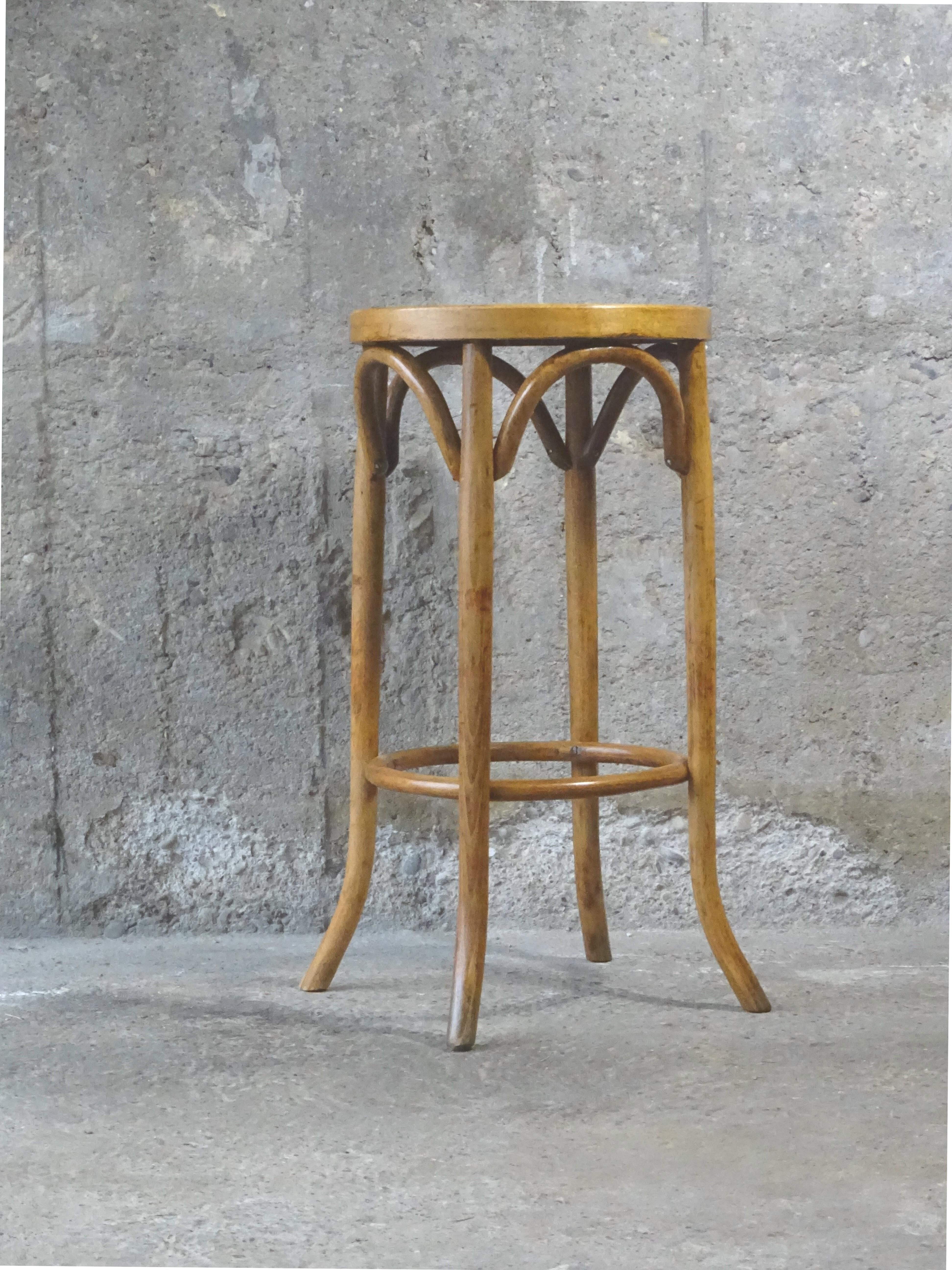 Wooden curved bistro stool 1950 Baumann