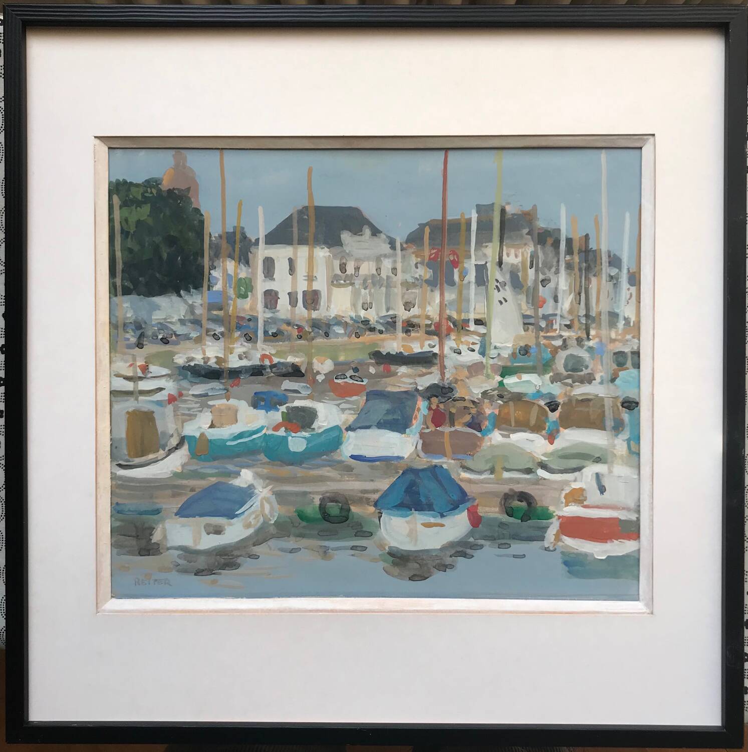 Gouache by Henri REITER (born in 1938). Normandy port.