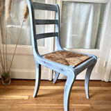Wooden chair and seat in vintage blue straw