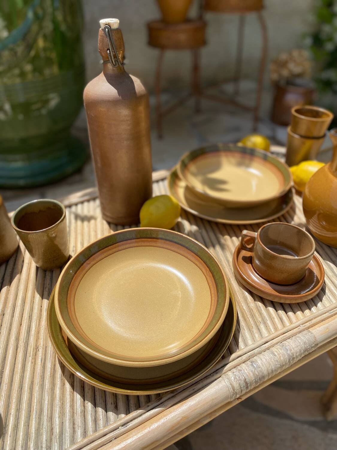 Pair of flat and deep plates in antique stoneware