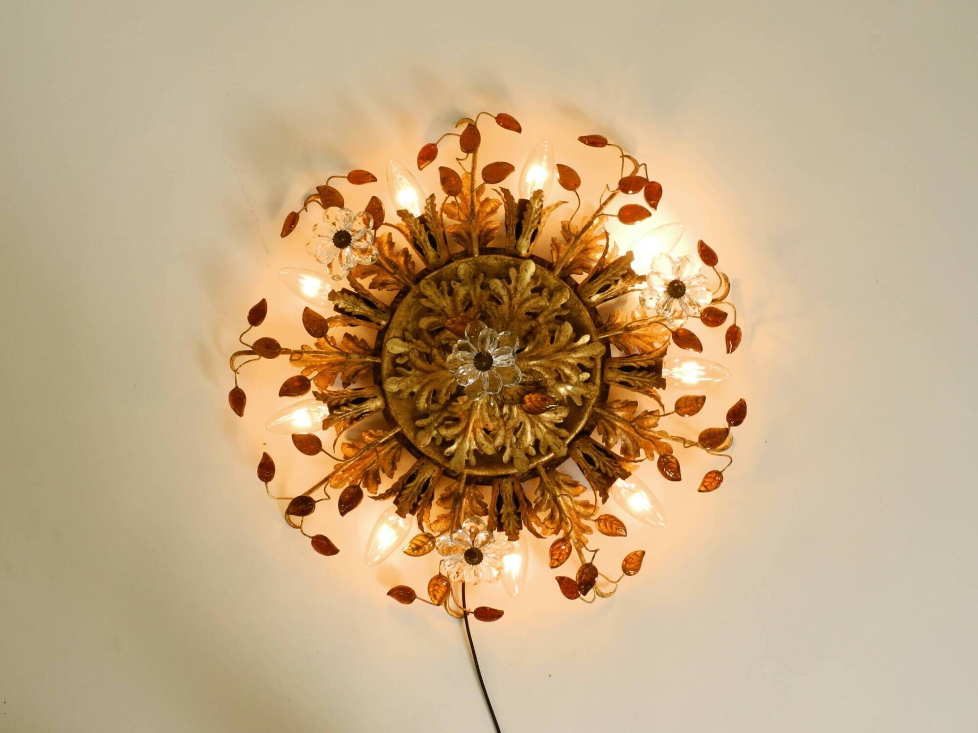 Large gilt Italian ceiling lamp from the 1960s by Banci Firenze with 9 sock