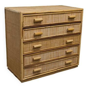 Rattan chest of drawers with 5 drawers from the 1970s.