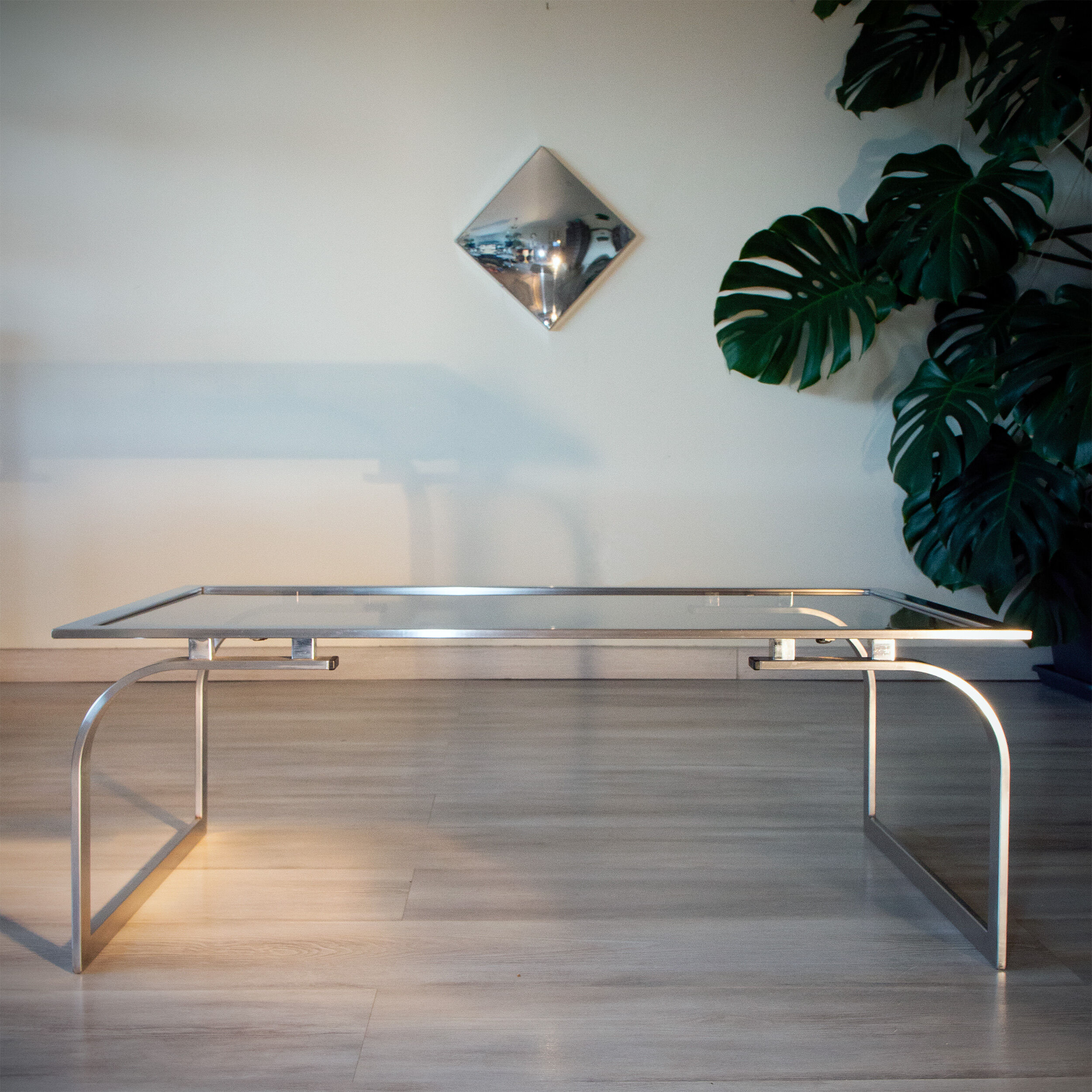 Coffee table 1970 smoked glass and metal