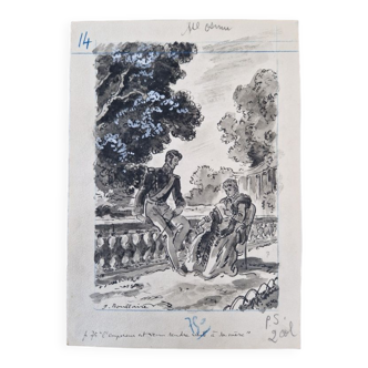 Tableau  jacques boullaire (1893-1976) - encre et lavis d'encre sur papier - l'empereur est venu rendre visit