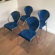Set of 4 chrome chairs with perforated seats in blue lacquered metal