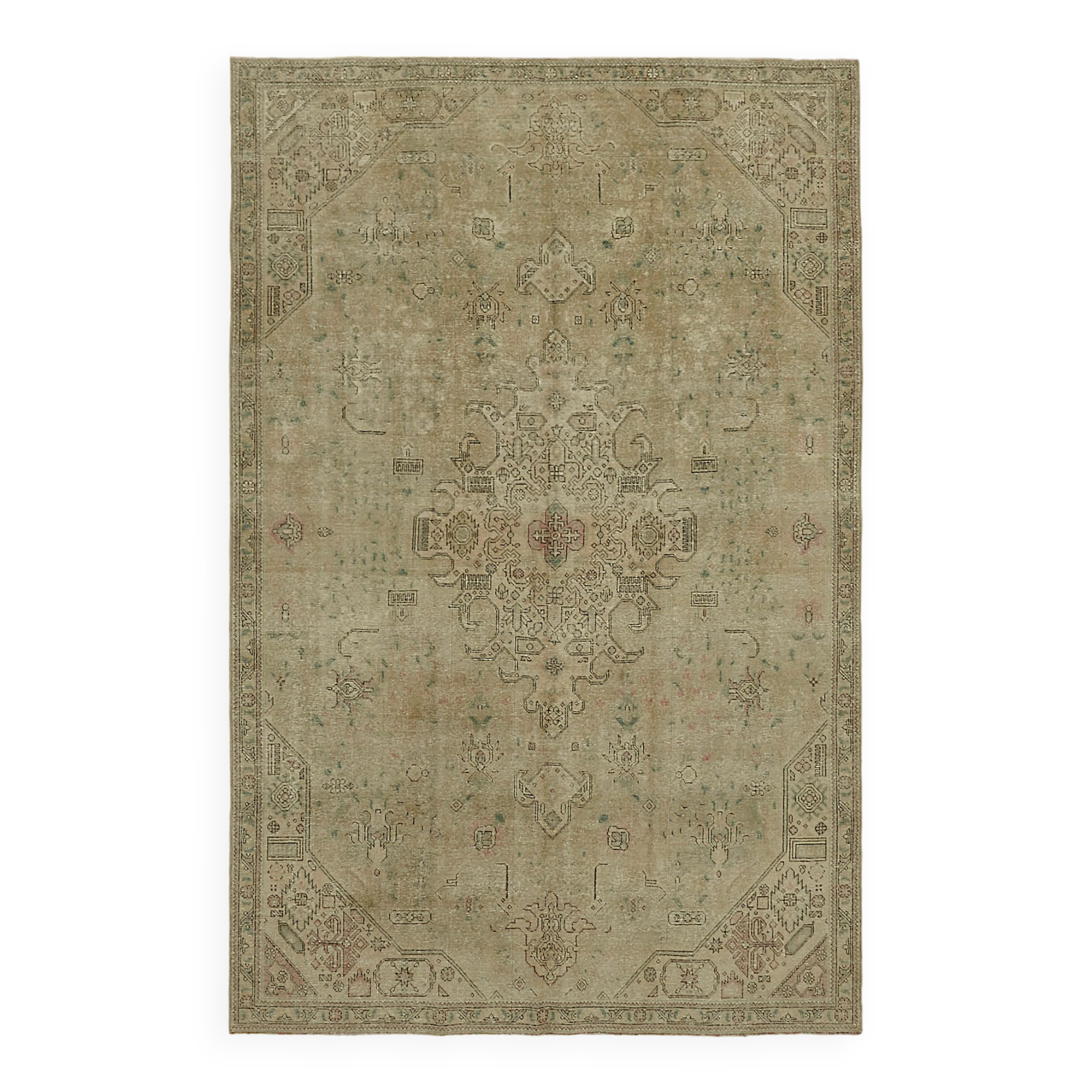 Hand-Knotted Anatolian Vintage 1970s 224 cm x 338 cm Beige Wool Carpet