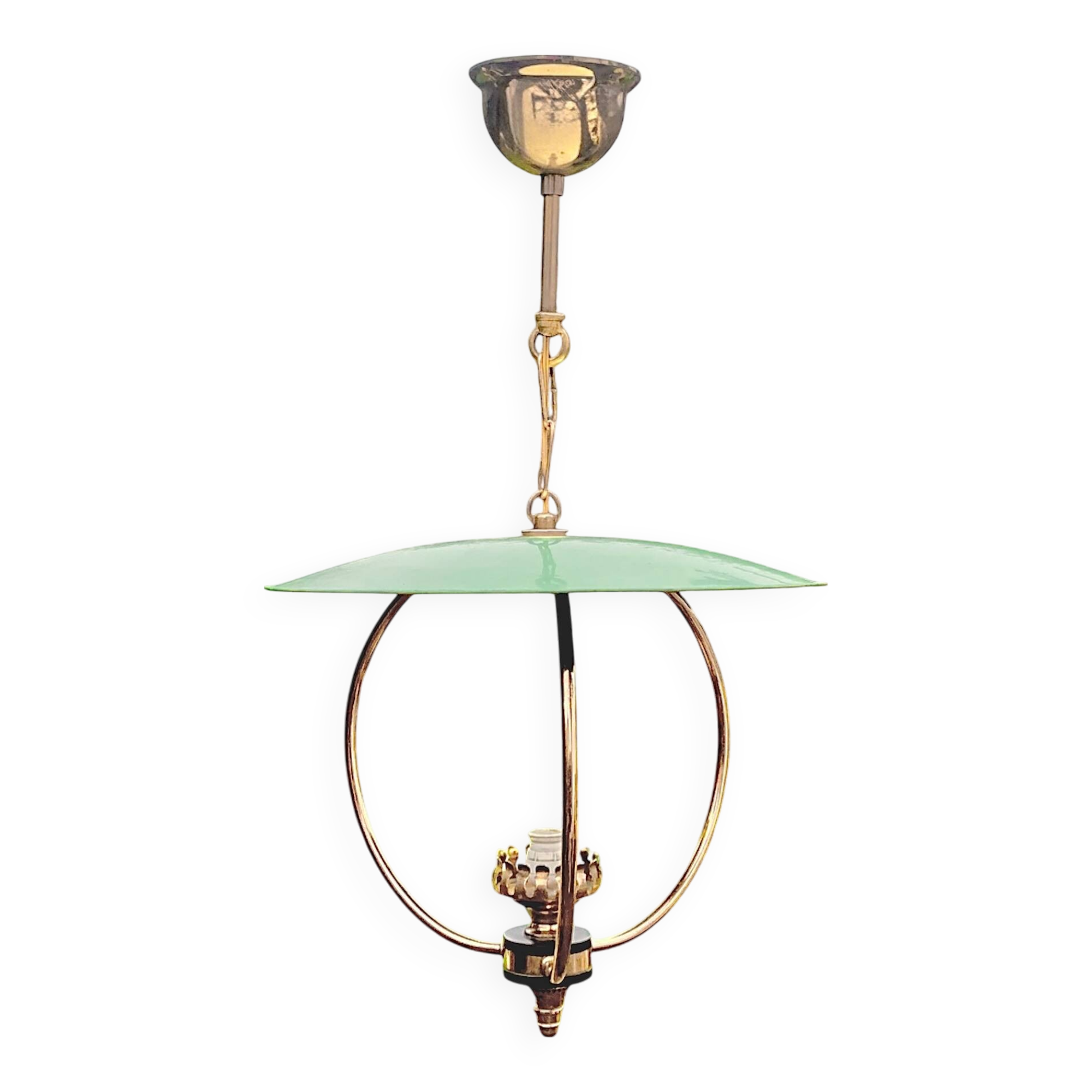 1950s pendant light in green lacquered metal and brass