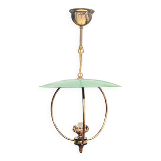 1950s pendant light in green lacquered metal and brass