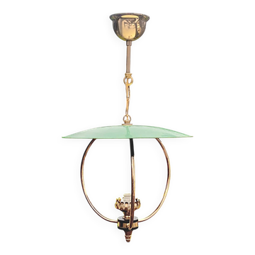 1950s pendant light in green lacquered metal and brass