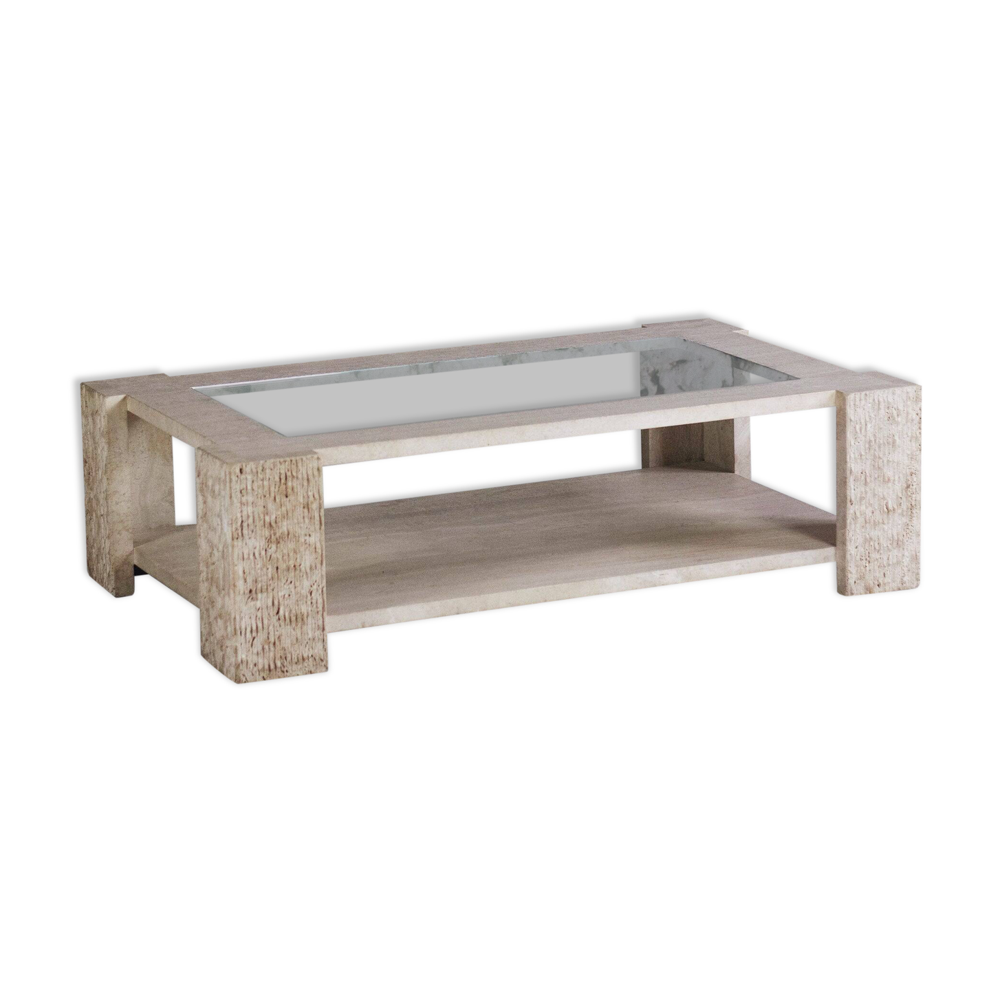 Coffee table in travertine and glass by Claude Berraldacci