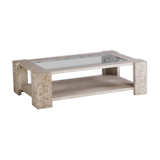 Coffee table in travertine and glass by Claude Berraldacci