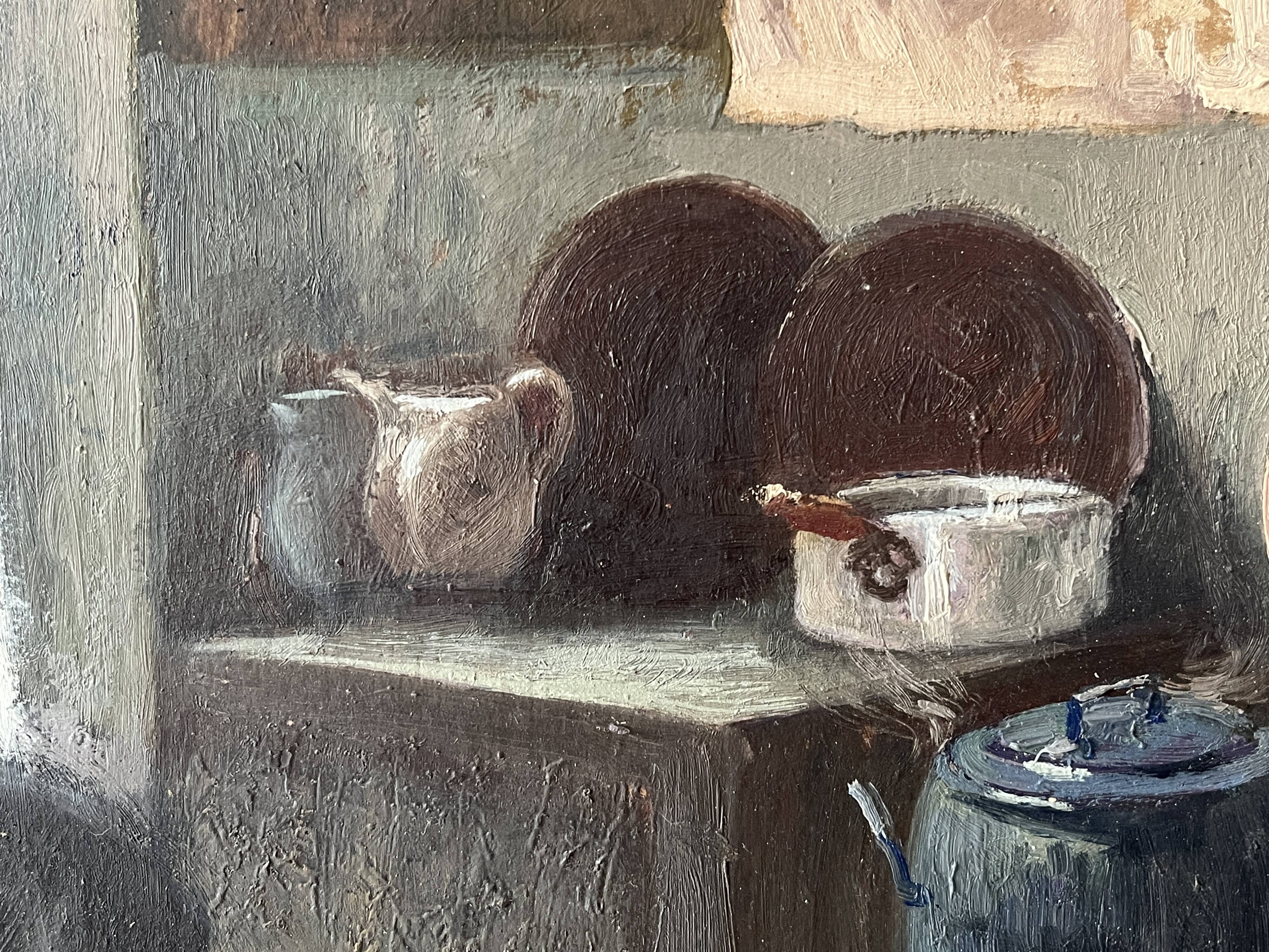 Oil painting of an interior scene 1940, portrait of children signed