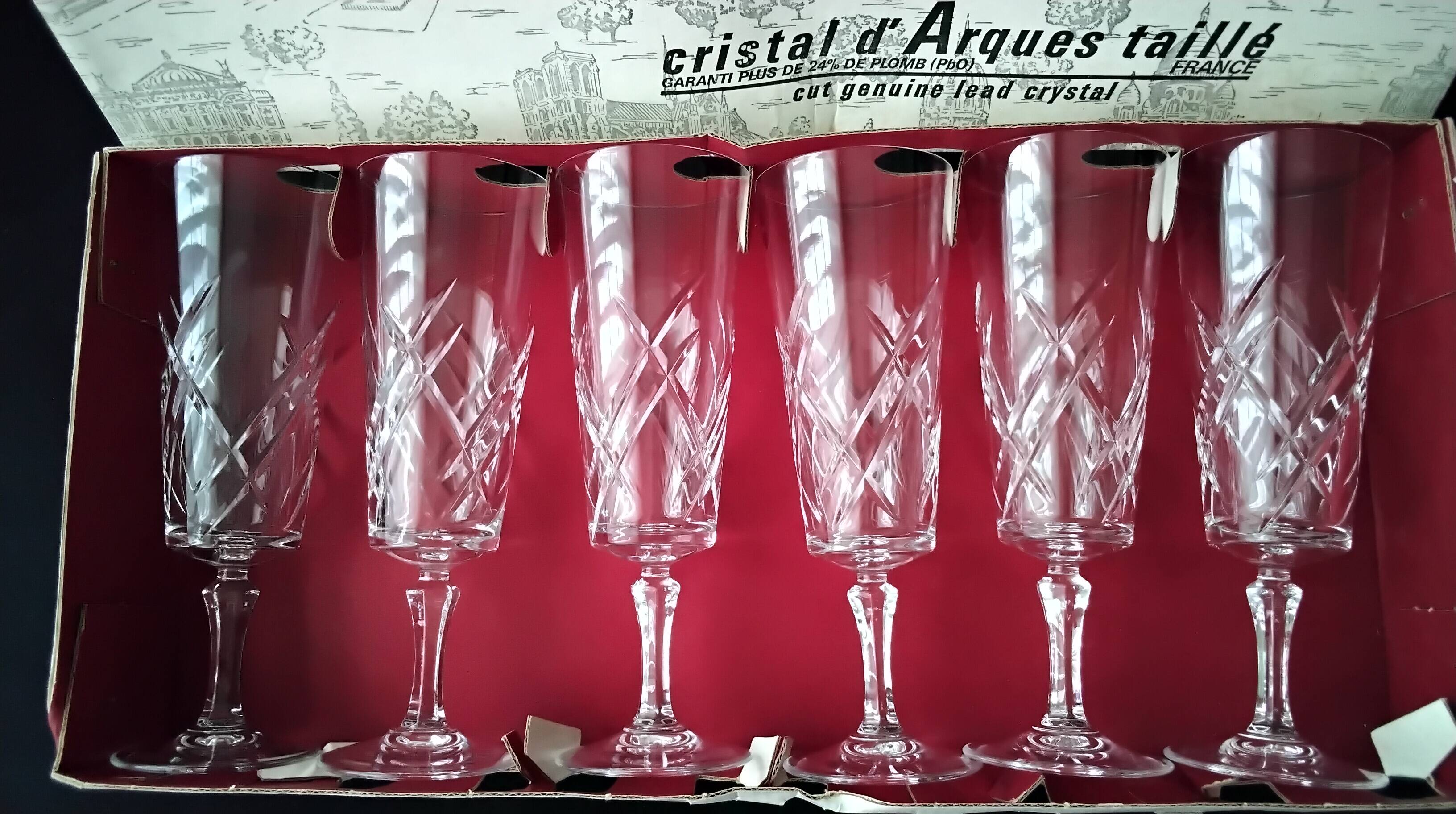 6 Antique Champagne Flutes in Arques Crystal, Saumur Model