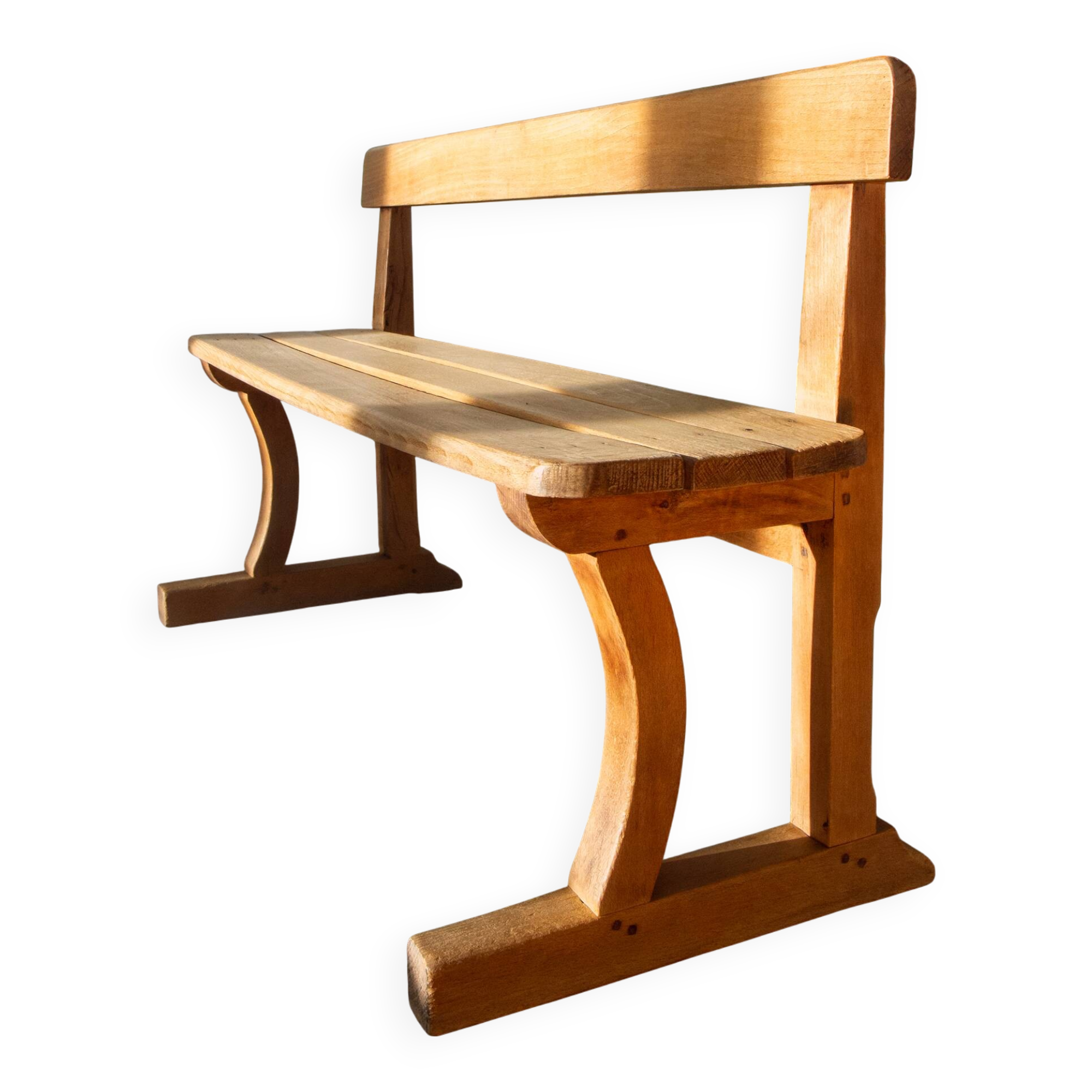 Solid wood school bench from the early 20th century.