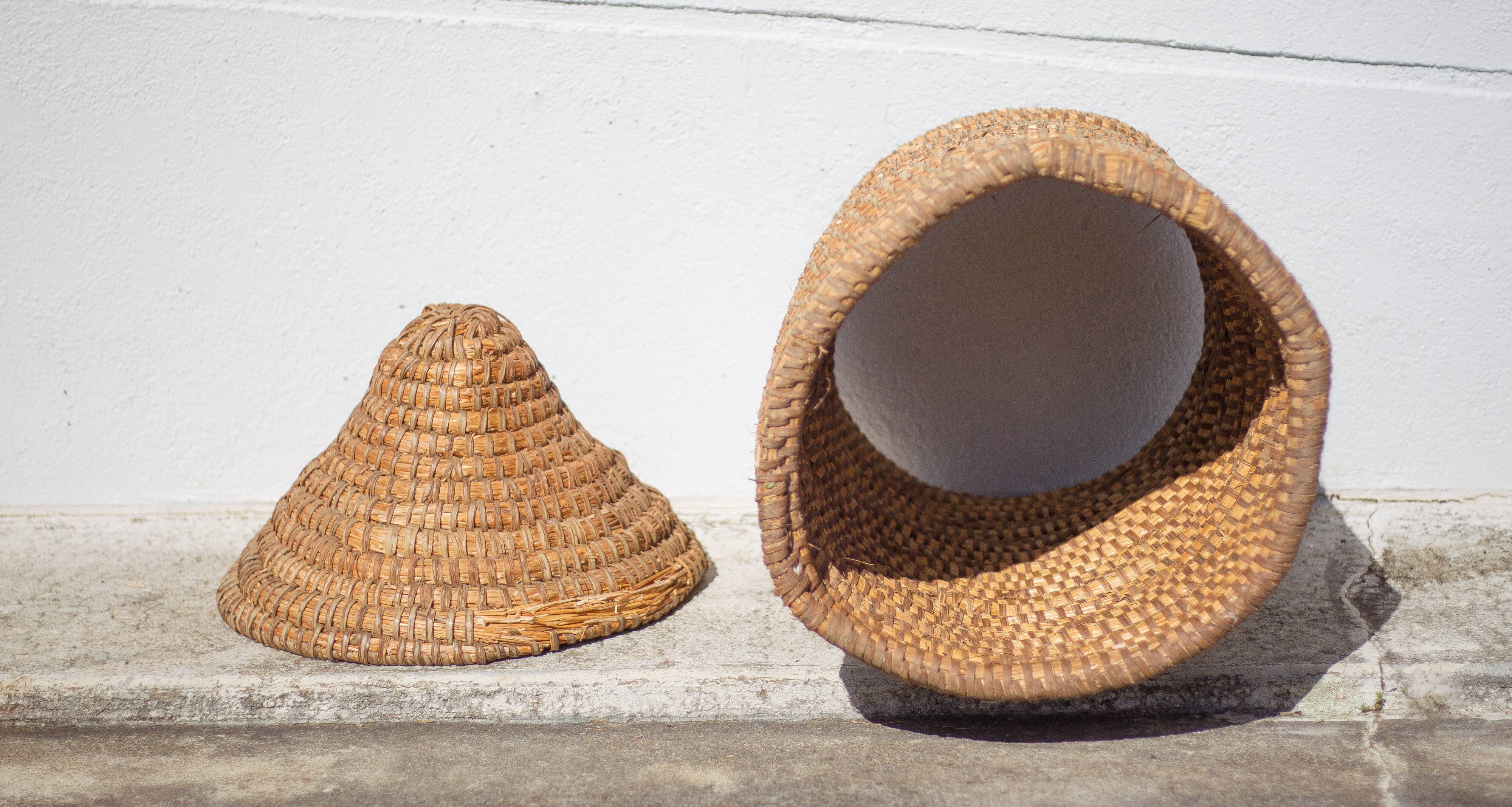 Old basket, burgundy straw and bramble, woven basket with lid, pantry