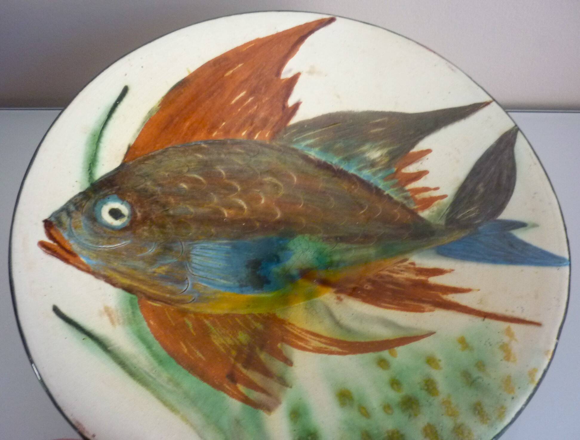 Ceramic dish, enameled terracotta, signed Puigdemont, 1960s, fish