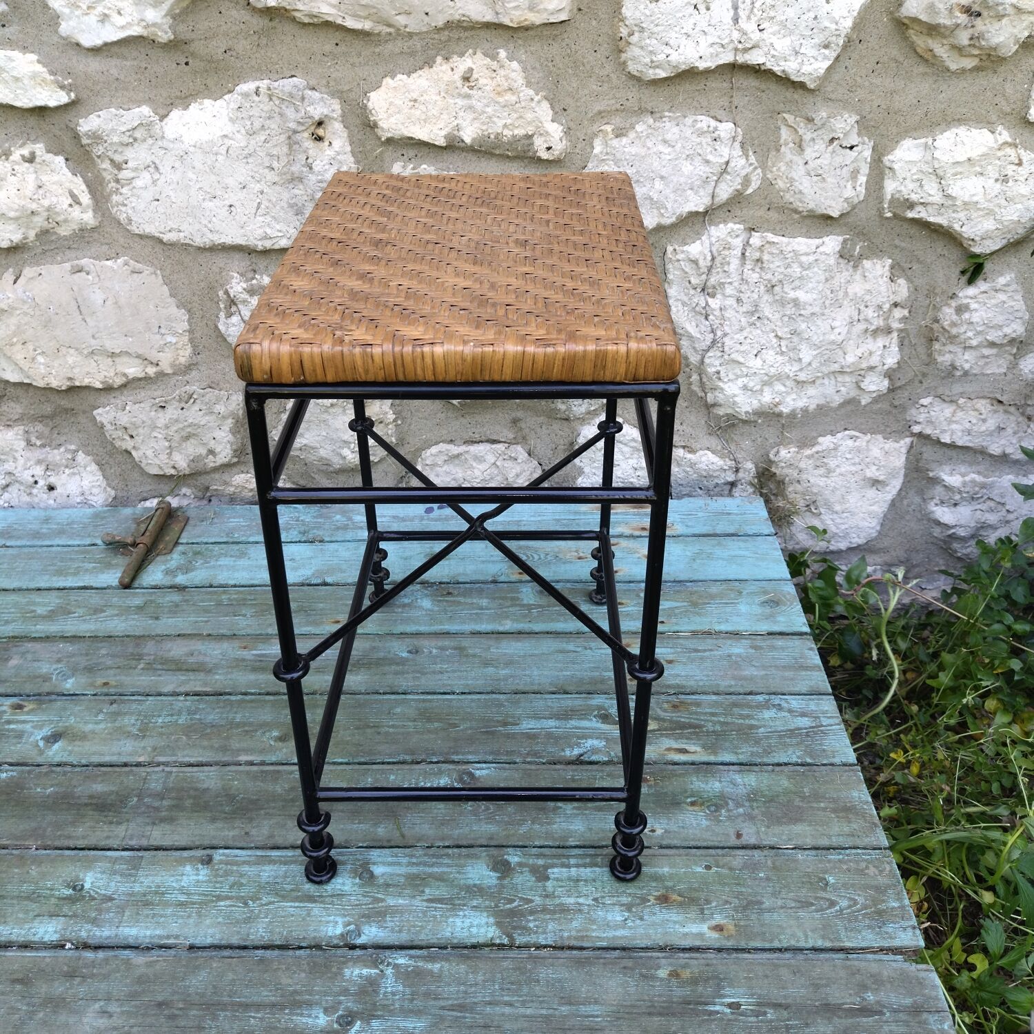 Bout de canapé tabouret rotin fer forgé années 50