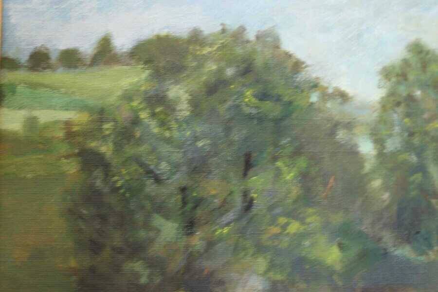 Original Swedish oil on canvas – “Landscape with Farm” by H. Engkvist – dated 1983 – vintage & framed – 41 × 50 cm (16.1" × 19.7")