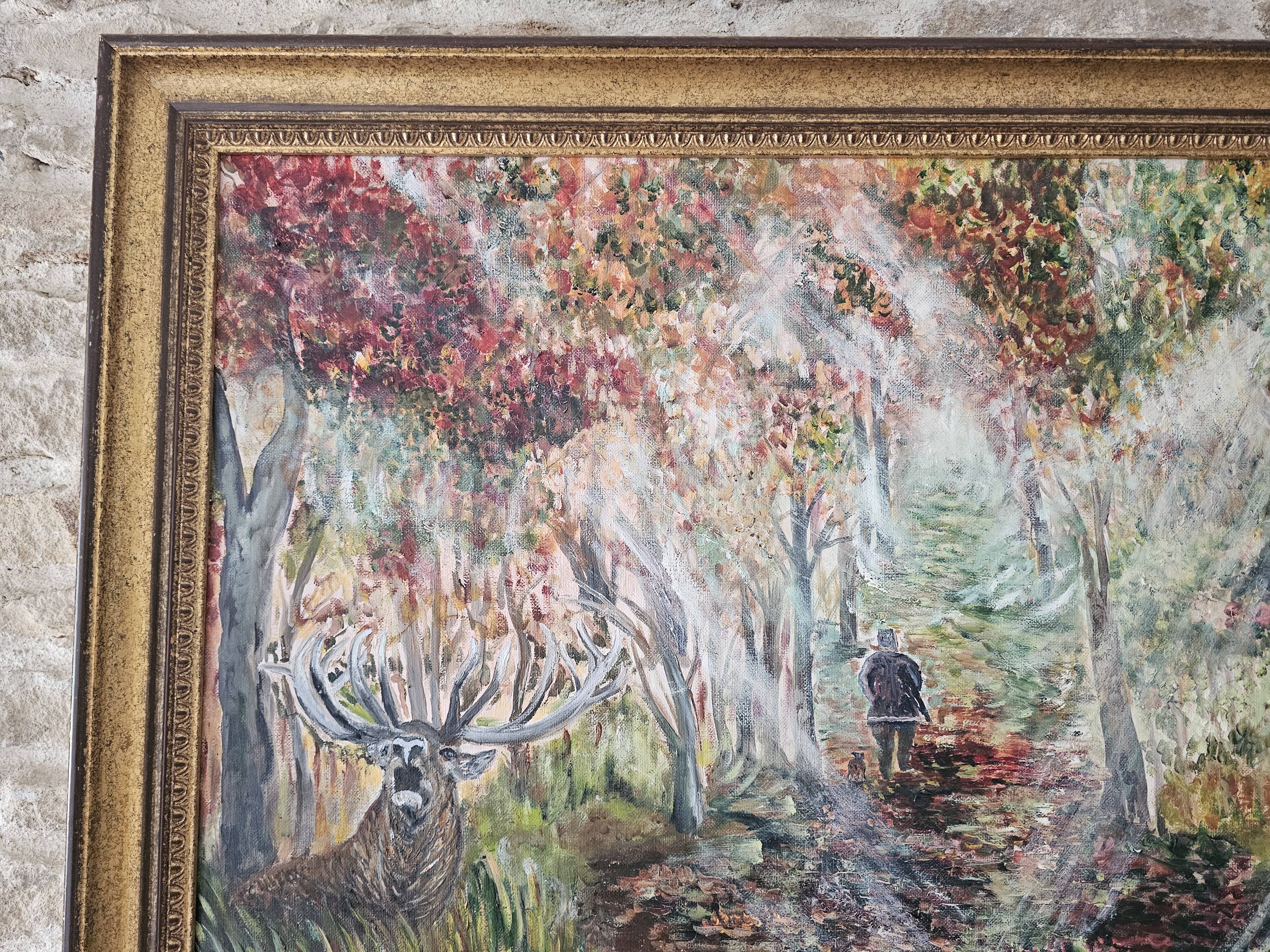 Oil on Canvas Painting Landscape Forest Hunting Scene signed M Pierret