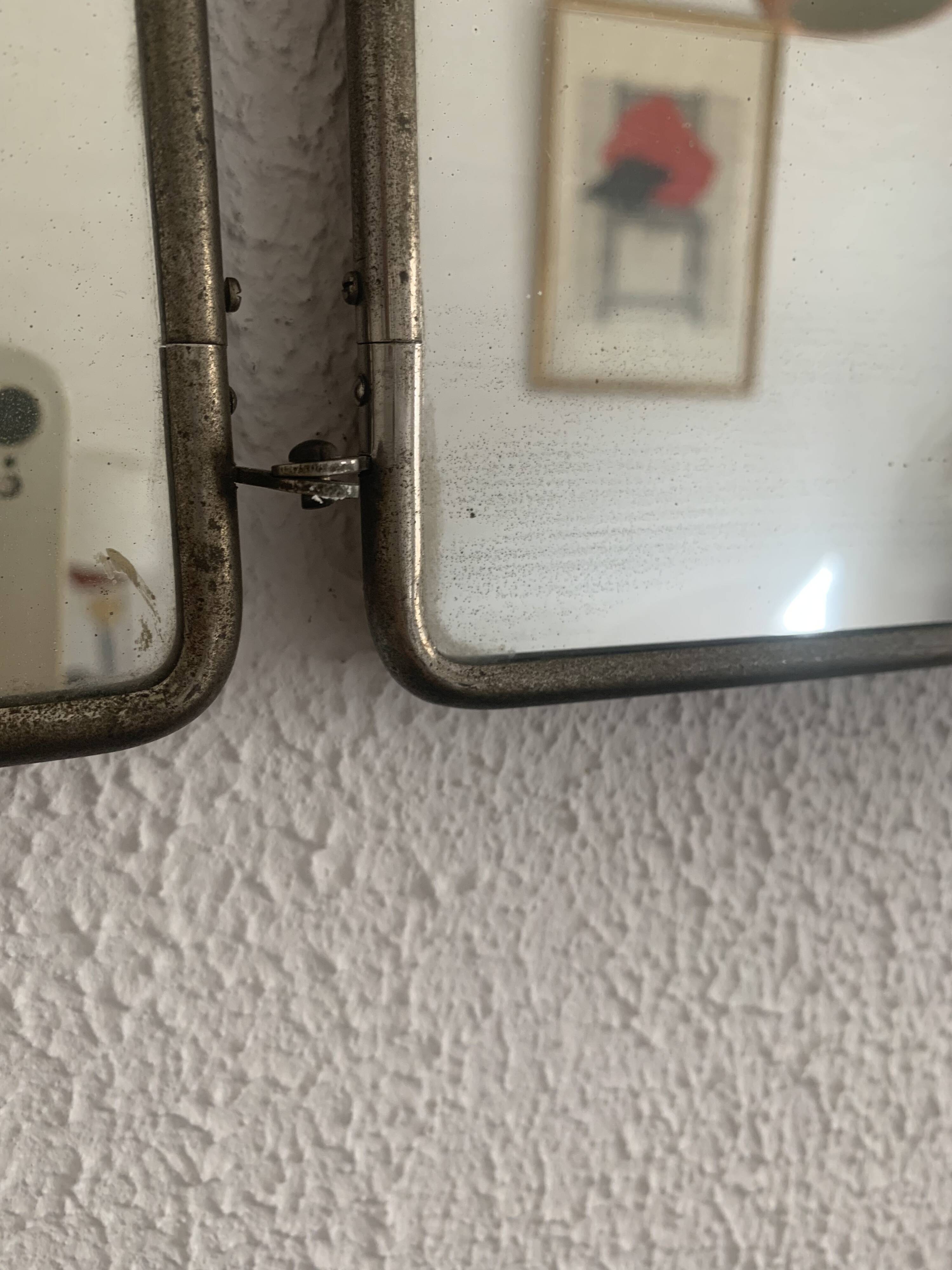 Vintage 1900 triptych mirror, old pink nickel-plated metal - 31 x 76 cm
