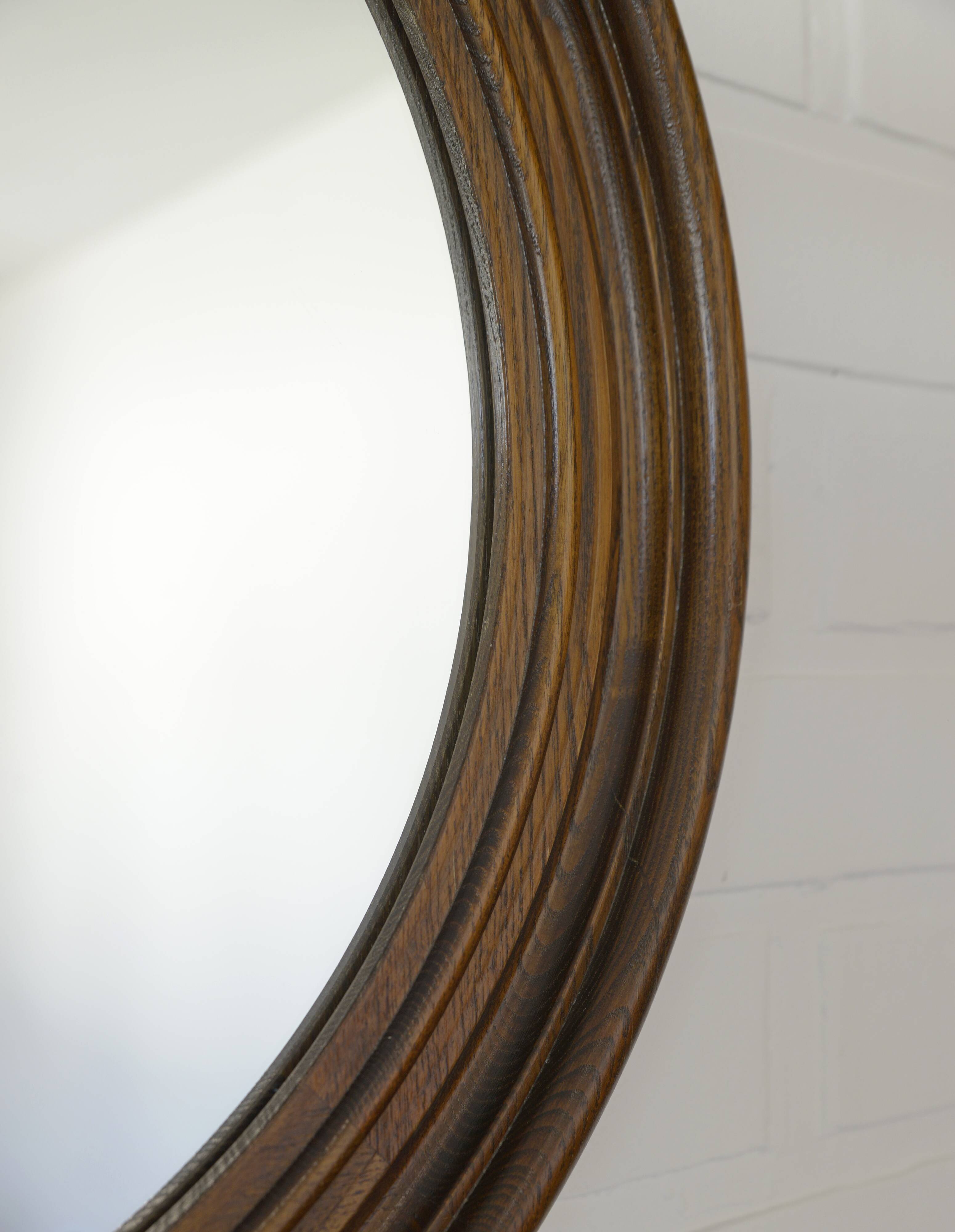 Grand miroir mural vintage en bois de chêne tourné, miroir de courtoisie rond rustique